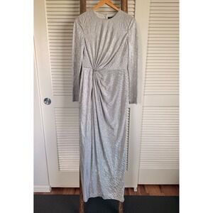 St. John Maxi Dress 6 Silver Metallic Long Sleeve Gathered Knot Gown
